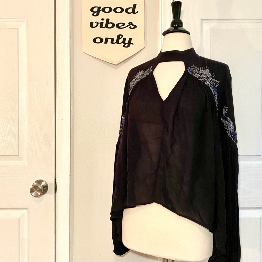 Free People Black Beaded Cut out Blouse - size S